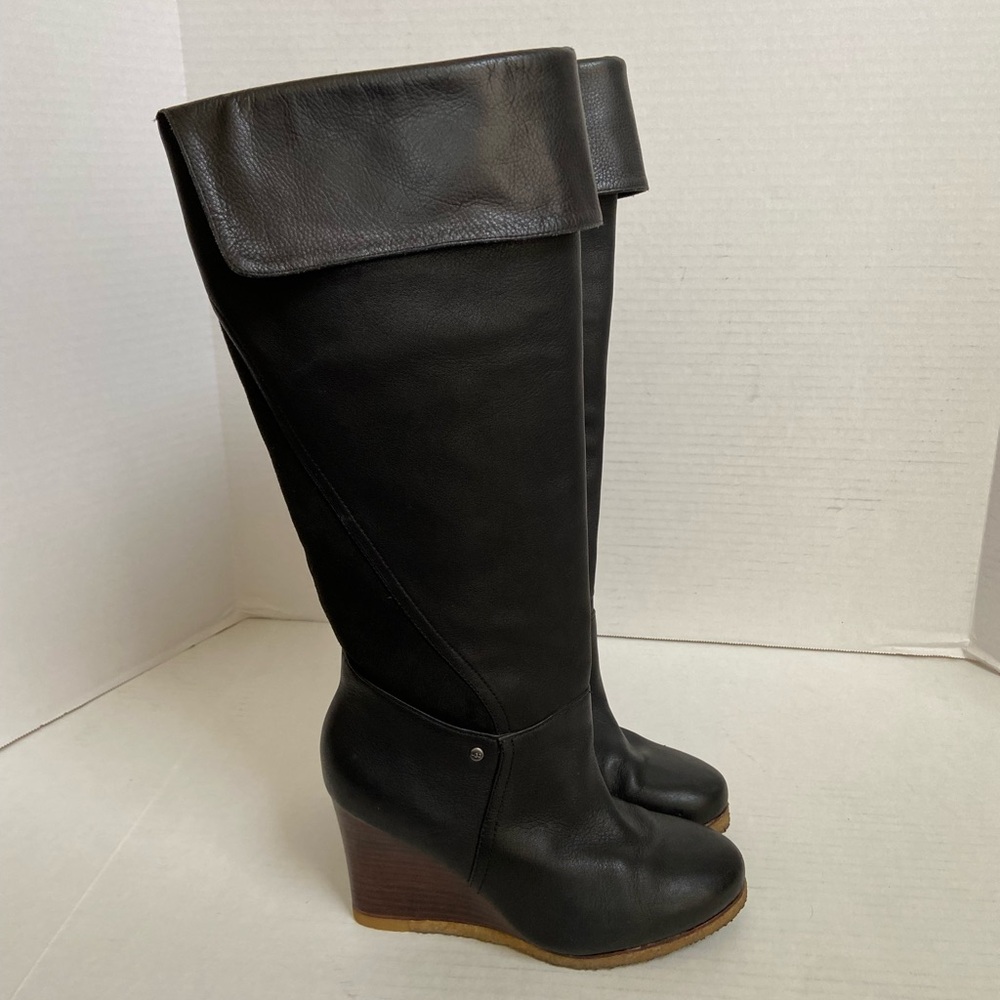 Ugg Boots Booties Leather Womens Short Sz 6.5 Biker Snow Cold Wedge Black
